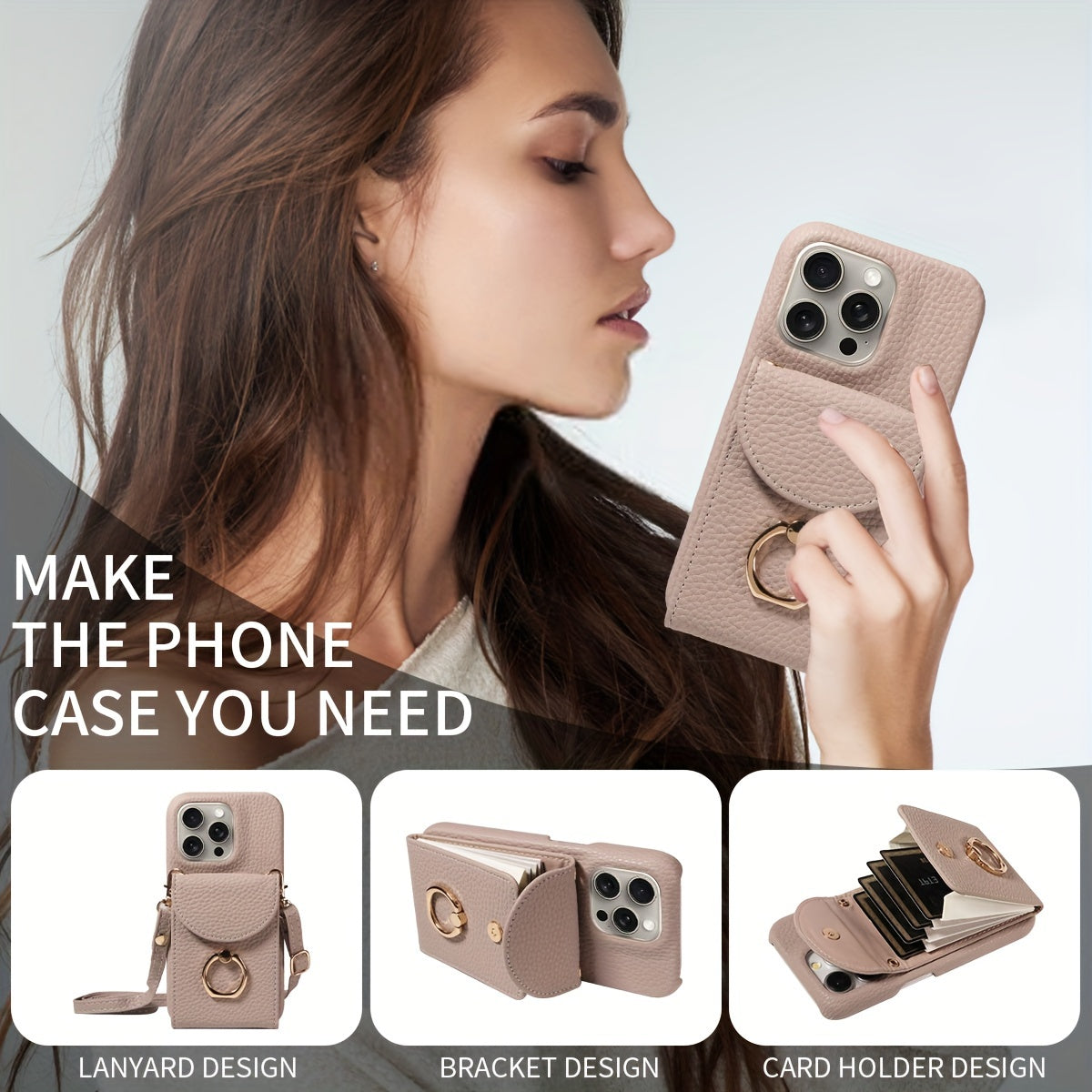 Faux Leather Shoulder Phone Case with Accordion Ring Stand