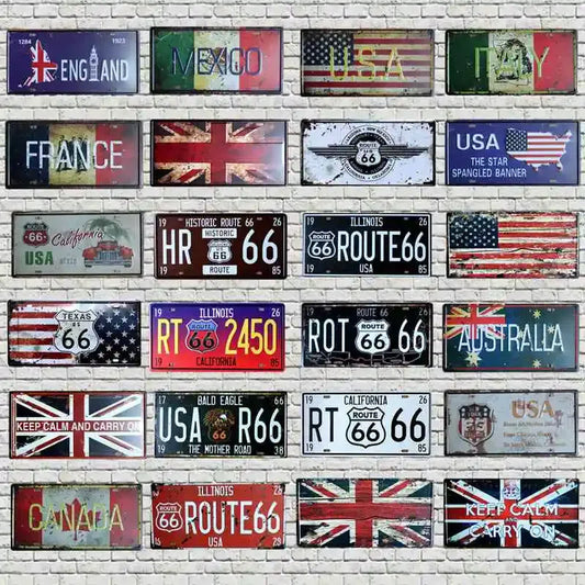 Route 66 Flag Tin Sign - Car Plate Vintage Decor